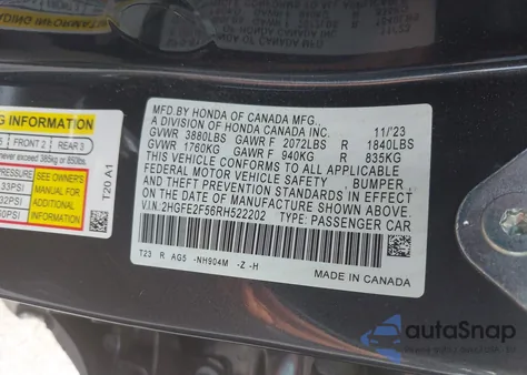 2024 Honda Civic Sport z USA, uszkodzony, nr VIN 2HGFE2F56RH522202